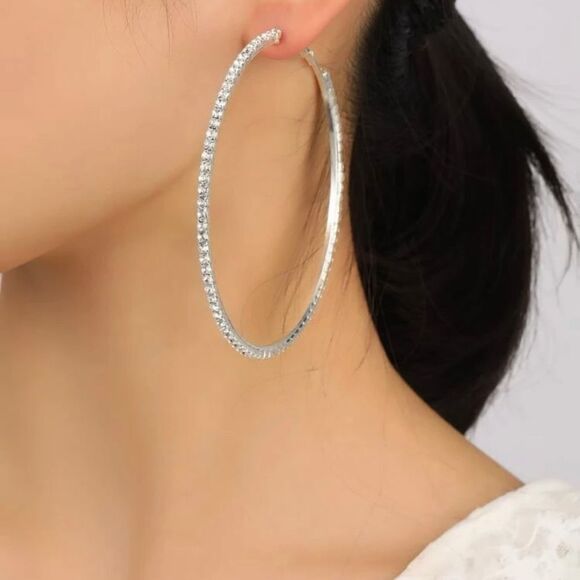 Rhinestone Crystal Super Sparkle Large Hoop Earrings Silver Tone Women’s Size OS - Picture 4 of 4